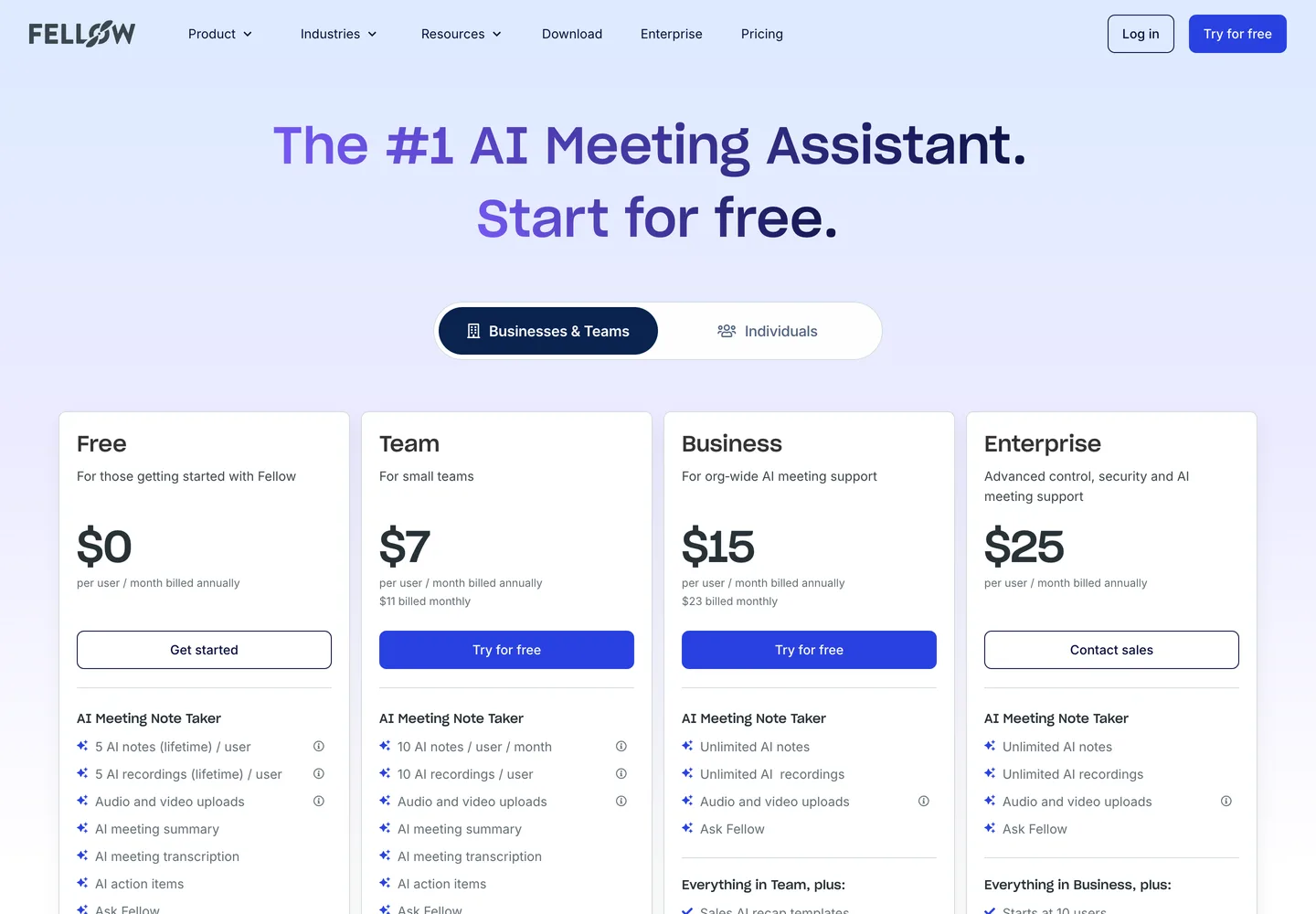 Fellow's pricing page. The free column says