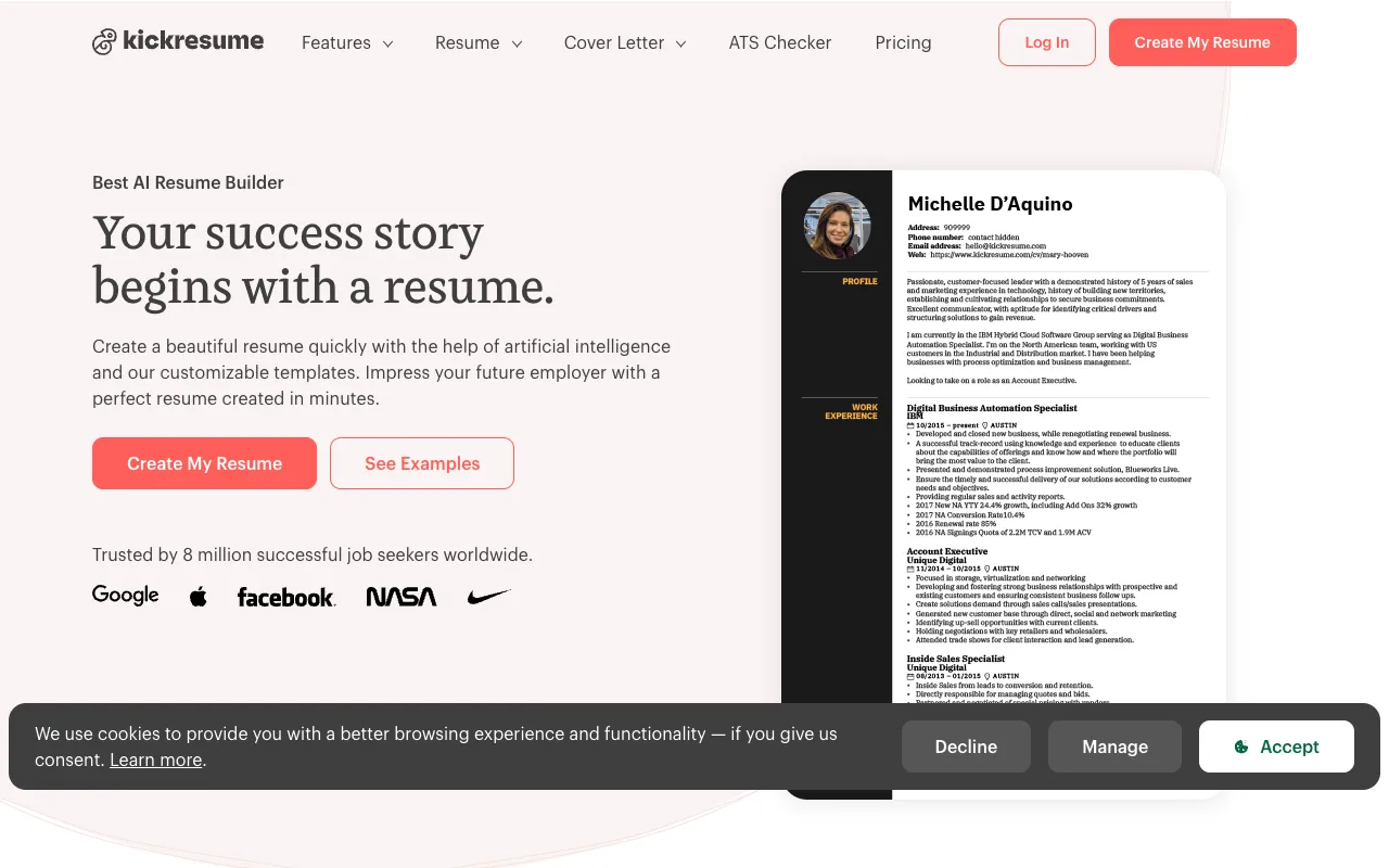 Kickresume: the one free tier that exports real PDFs.