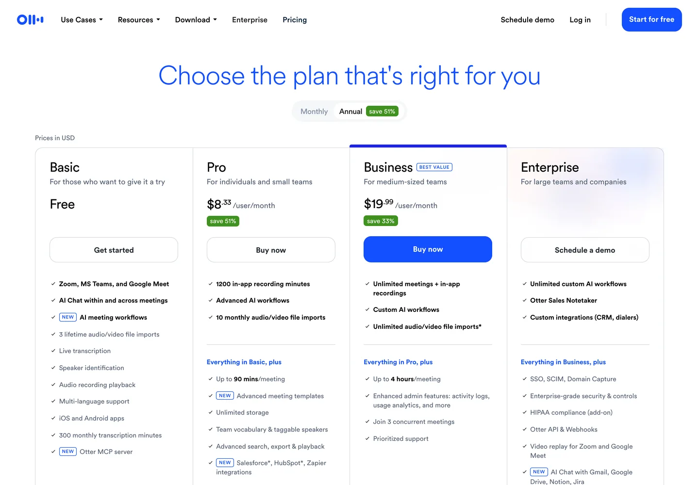 Otter's pricing page: the free plan carries 300 monthly transcription minutes but only 3 lifetime file imports.