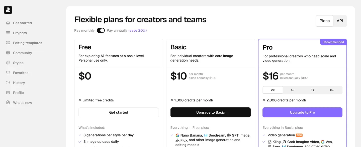 Recraft's pricing page states it plainly: the free tier is personal use only, all images are public, no commercial use.